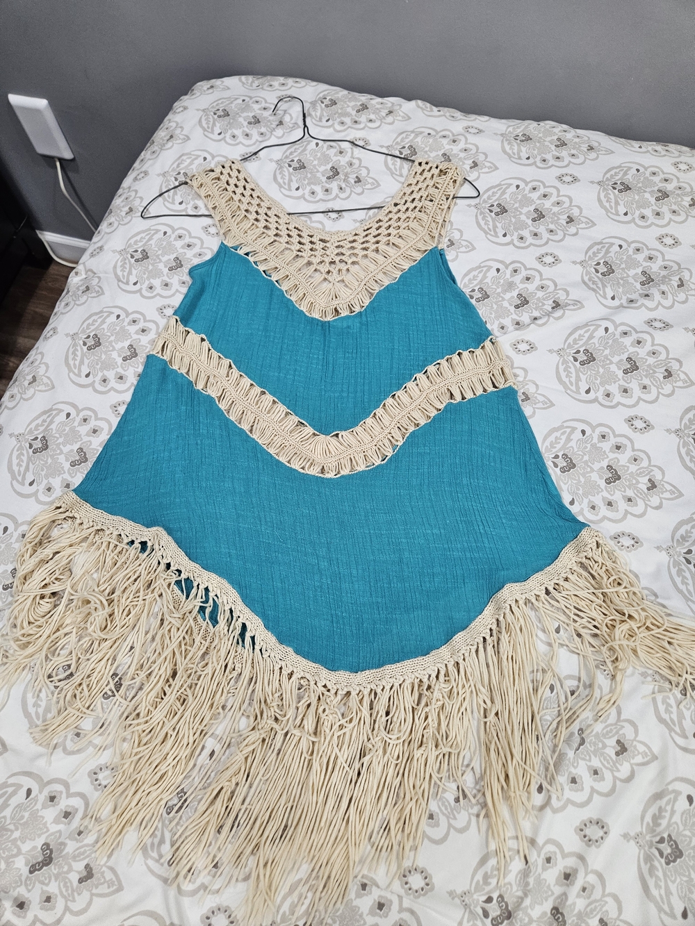 Umgee Turquoise Cover-Up with Cream Crochet Fringe